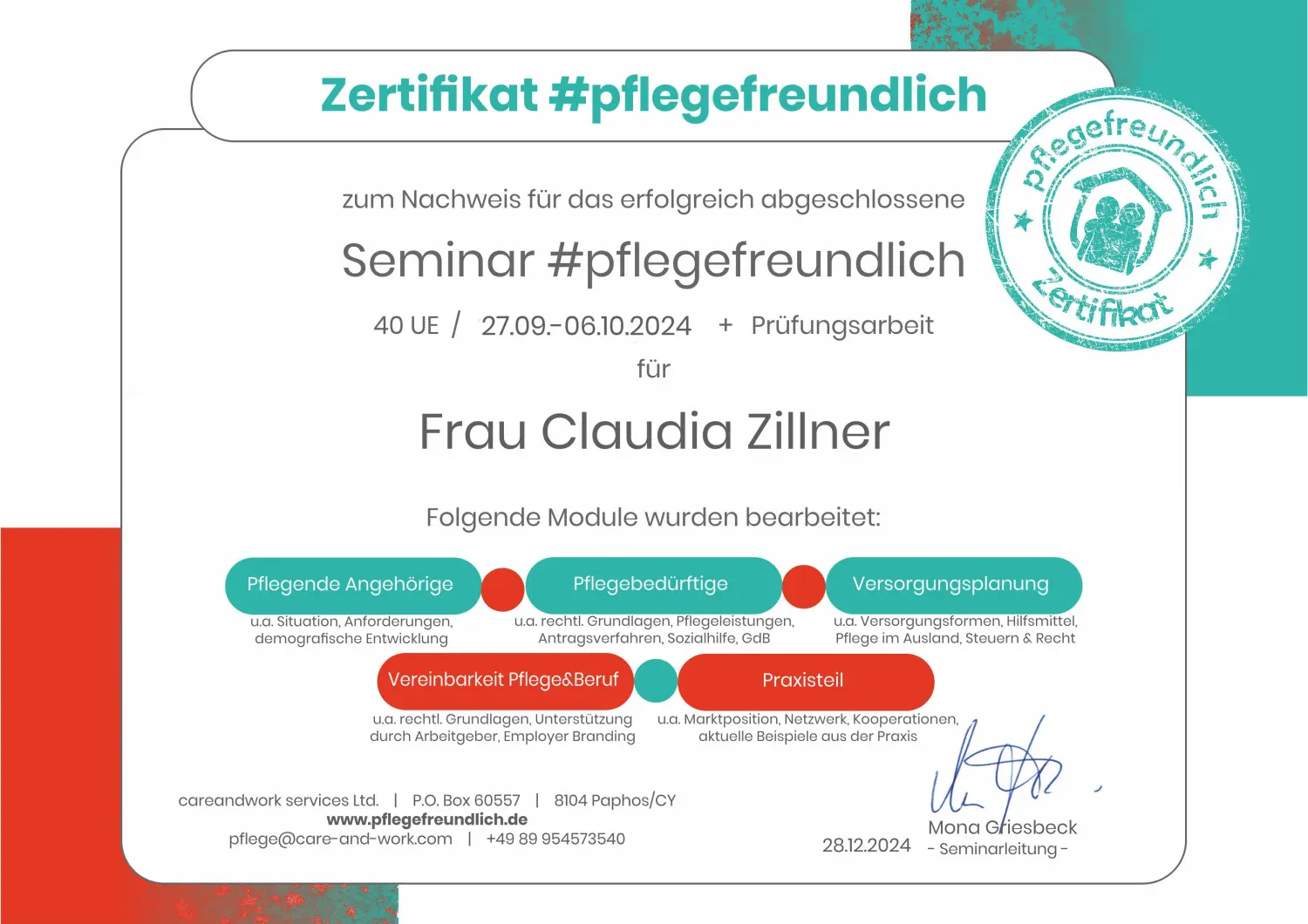 Zertifikat der Weiße Elfen München Süd UG